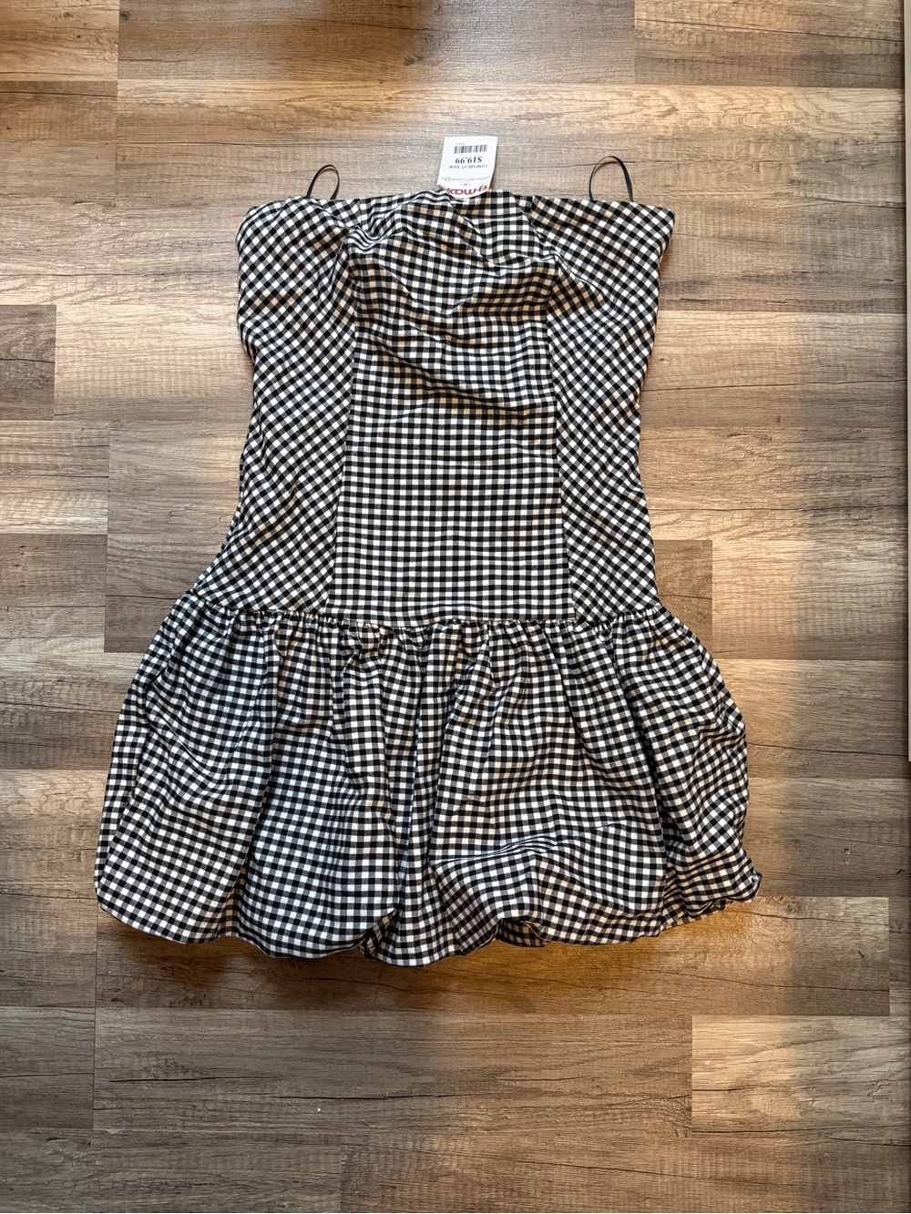 Strapless Black and White Gingham Mini Dress with Ruffle Hem
